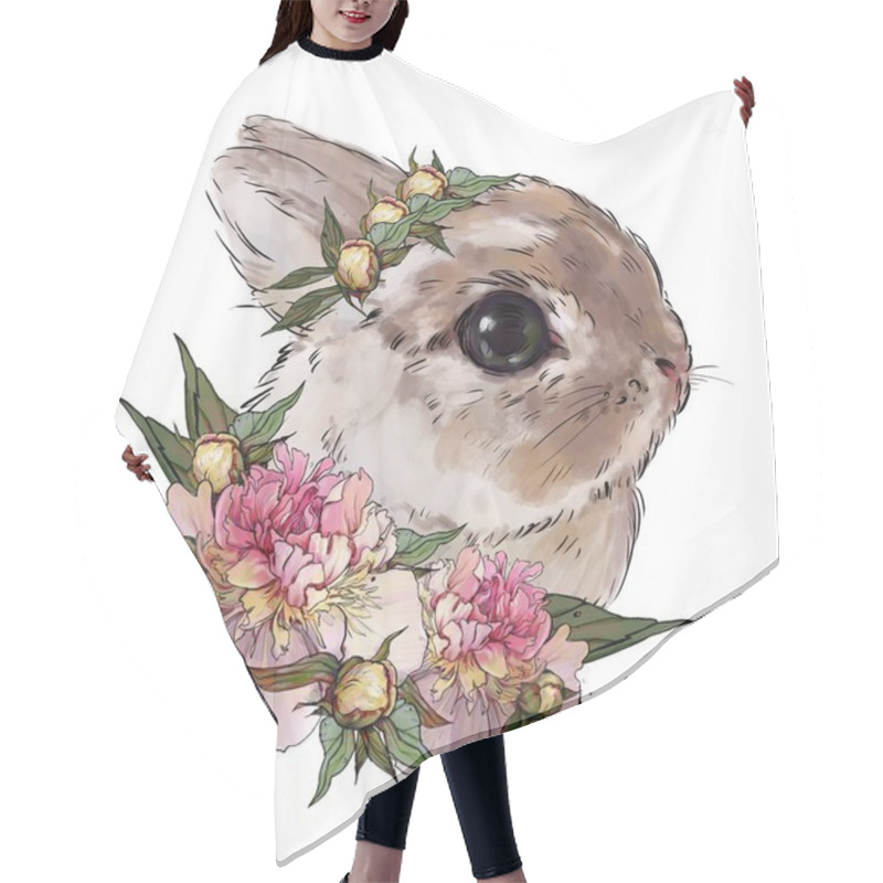 Personality  Rabbit With Pink Poppy Flowers, Cute Children's Illustration, Best T-shirt Print, Animal Print With Peonies. Rabbit On A White Background Hair Cutting Cape