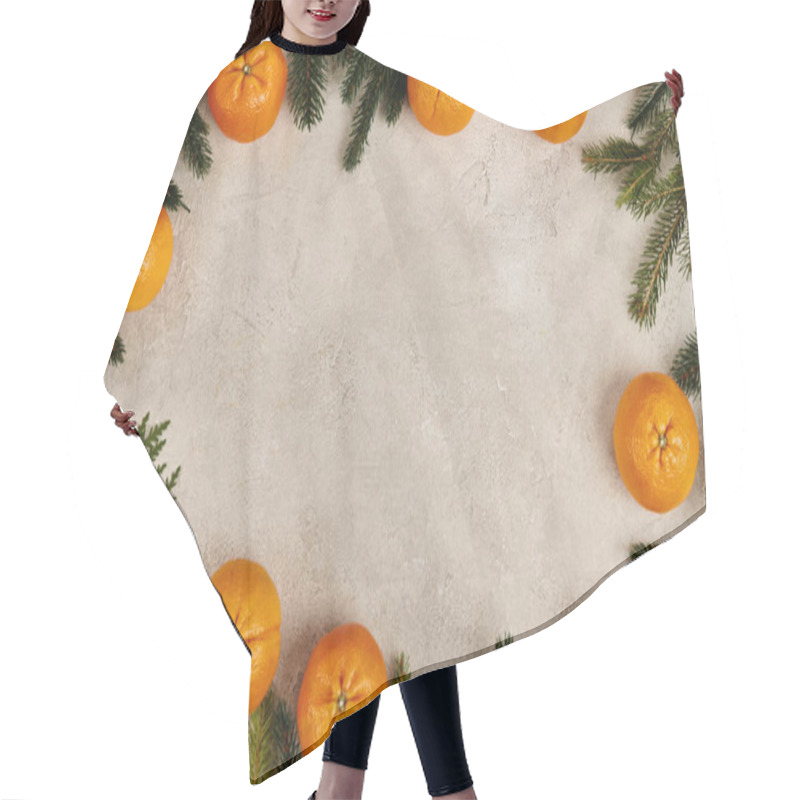 Personality  Christmas Frame With Ripe Mandarins Near Juniper And Pine Branches On Grey Textured Backdrop Hair Cutting Cape