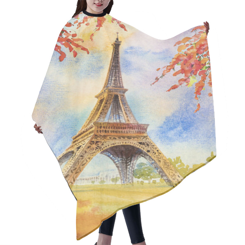 Personality  Paris European City Landscape. France, Eiffel Tower And  Beauty Flowers Spring Season In Garden, Modern Art, Watercolor Painting Illustration Popular Tourism Location. Hair Cutting Cape