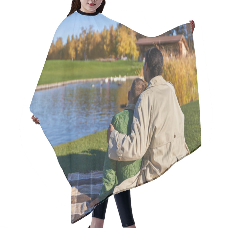 Personality  Bonding Between Mother And Child, Positive African American Woman Hugging Boy, Pond, Swans Hair Cutting Cape