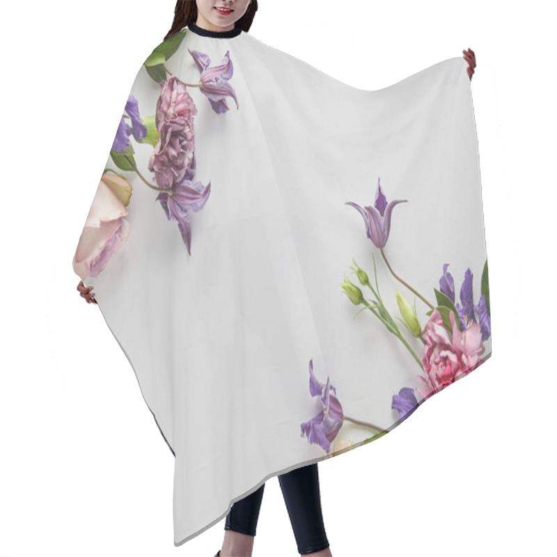 Personality  Top View Of Violet And Purple Flowers On White Background Hair Cutting Cape