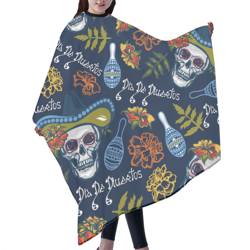 Personality  Dia De Muertos. Seamless Pattern With Skulls In Hats With Maracas, Flowers With Marigolds.Vector Illustration. Hair Cutting Cape