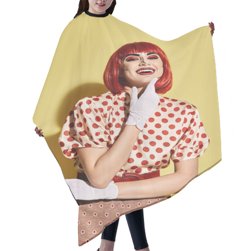 Personality  A Pretty Redhead With Pop Art Makeup, Donning A Polka Dot Shirt And White Gloves On A Vibrant Yellow Backdrop. Hair Cutting Cape