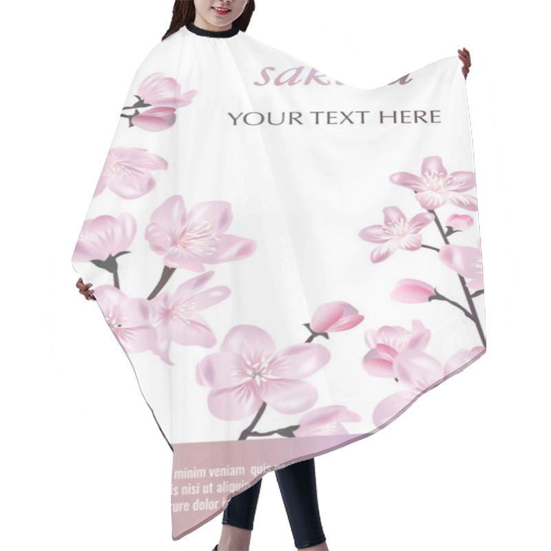 Personality  Vector Banner With Cherry Blossom. Blossoming Sakura Branch On White. Template For Invitation, Sales, Packaging, Cosmetics, Perfume. Space For Text. Hair Cutting Cape