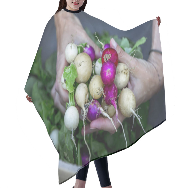 Personality  Woman Washing Fresh Organic Radishes In Bowl At Garden  Hair Cutting Cape