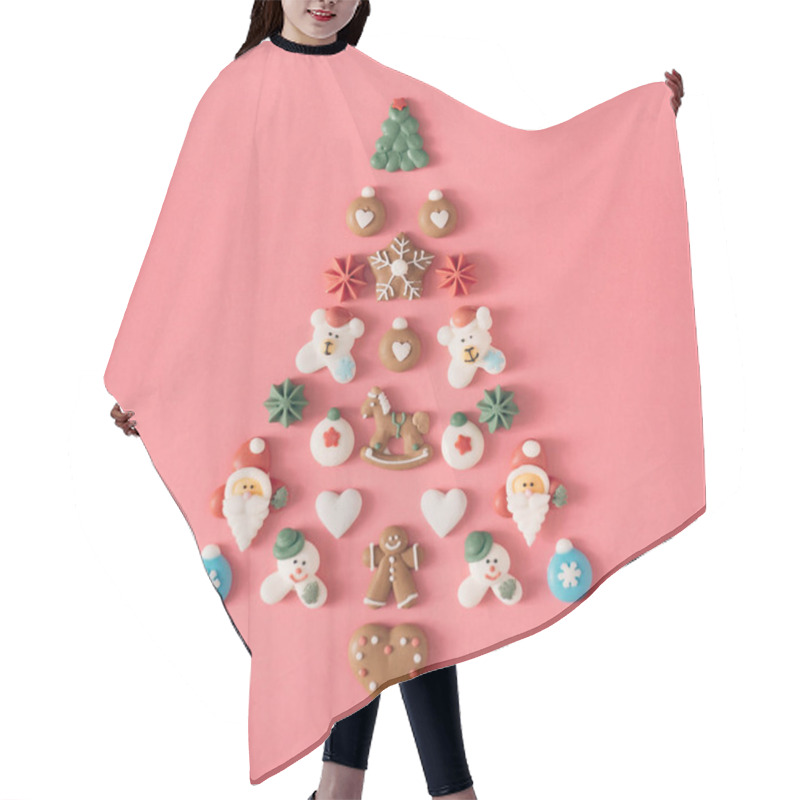 Personality  Christmas Tree With Sweets And Cookies Decoration. Creative Christmas Background. Hair Cutting Cape