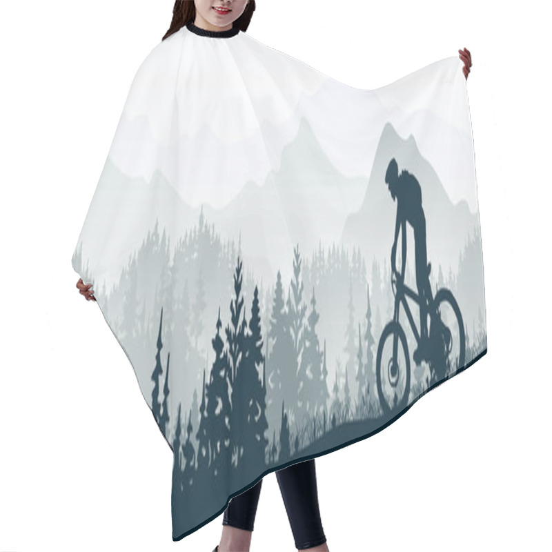 Personality  Silhouette Of Mountain Bike Rider In Wild Nature Landscape. Mountains, Forest In Background. Magical Misty Nature. Blue Illustration. Hair Cutting Cape