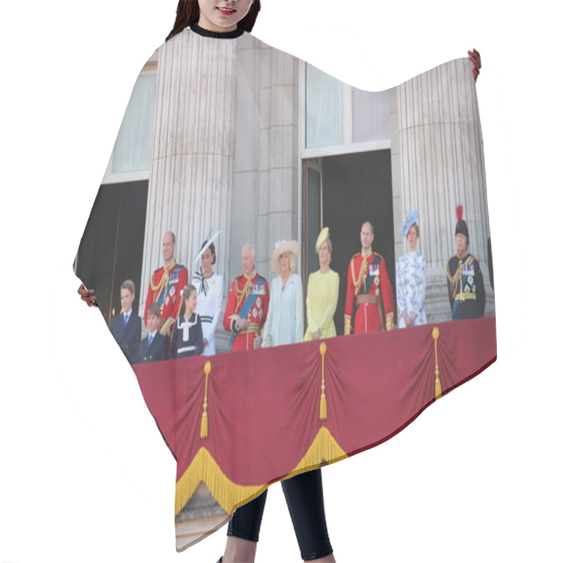 Personality  London, UK, 15.06.2024: Duchess Of Cambridge Kate Katherine With Children Princess Charlotte And Prince George Louis  In Carriage During Trooping The Colour Parade Hair Cutting Cape