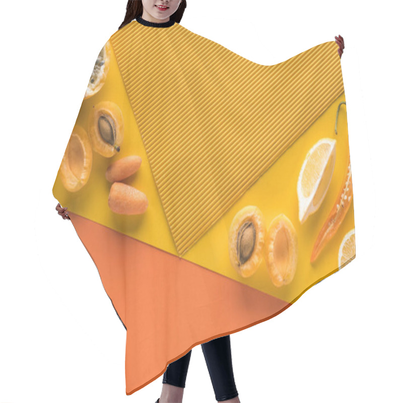 Personality  Top View Of Fresh Fruits And Vegetables On Yellow And Orange Background With Copy Space Hair Cutting Cape