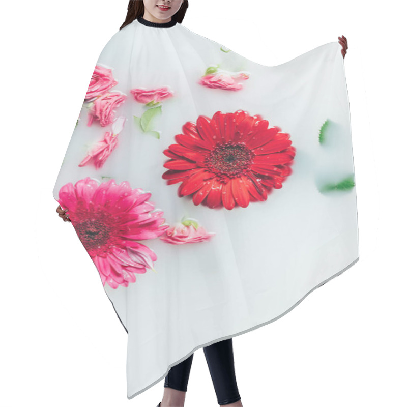 Personality  Top View Of Beautiful Roses And Gerbera Flowers With Green Leaves In Milk Backdrop Hair Cutting Cape