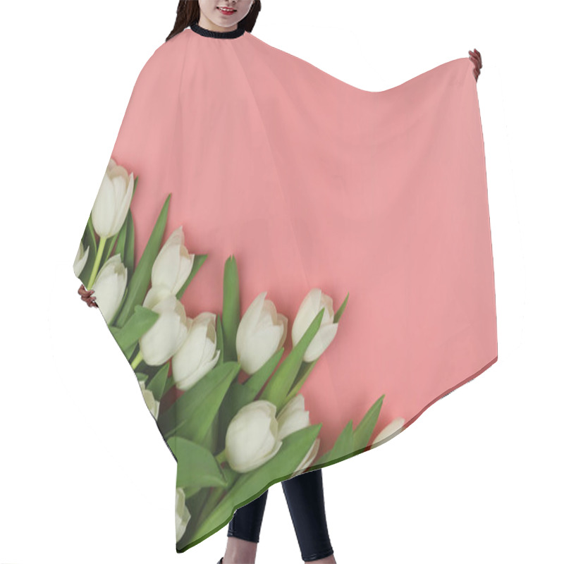 Personality  Beautiful Bouquet Of White Tulip Flowers With Card On Pink Background, Space For Text  Hair Cutting Cape