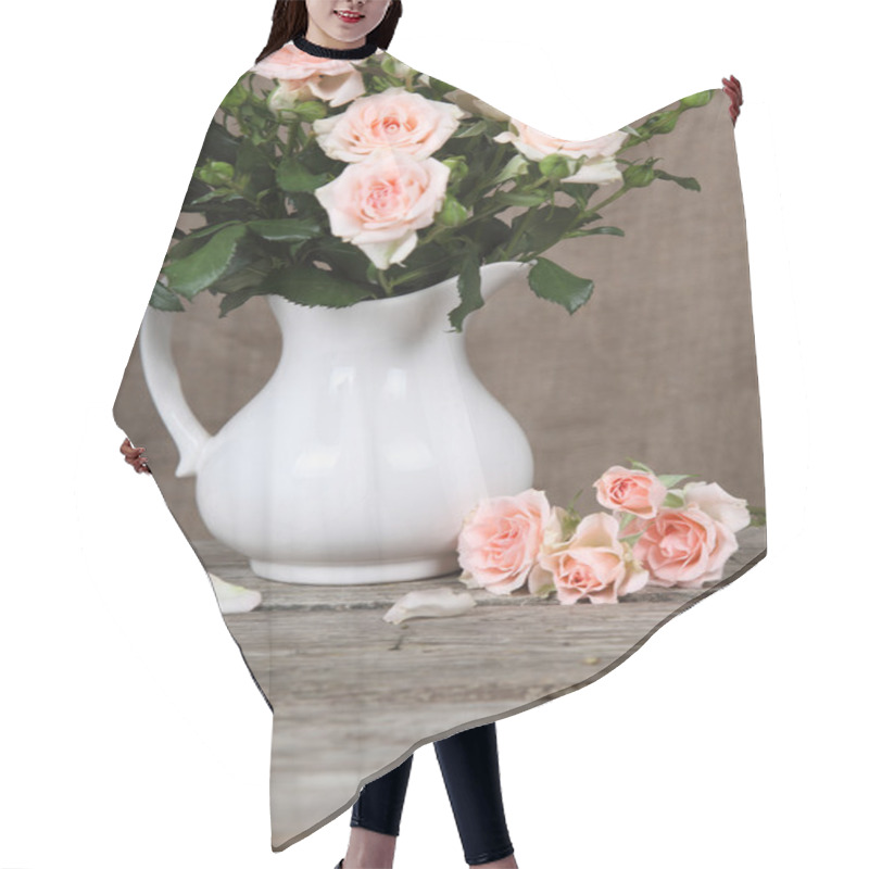 Personality  Beautiful Pink Roses In A White Jug   Hair Cutting Cape