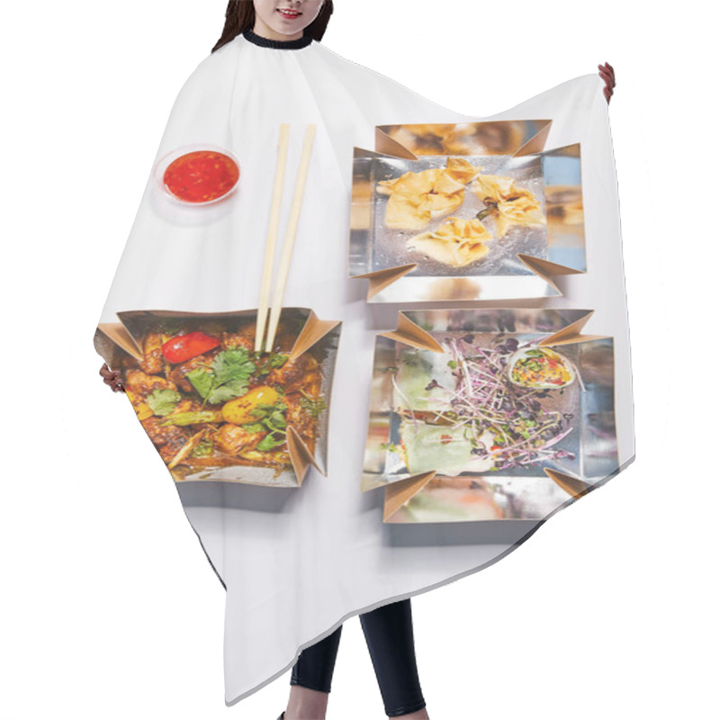 Personality  Top View Of Takeaway Boxes With Chinese Food Near Chopsticks And Sauce On White  Hair Cutting Cape