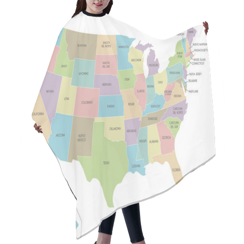 Personality  USA Map Vector Illustration Isolated On White Background With Country Names In Spanish. Editable And Clearly Labeled Layers. Hair Cutting Cape