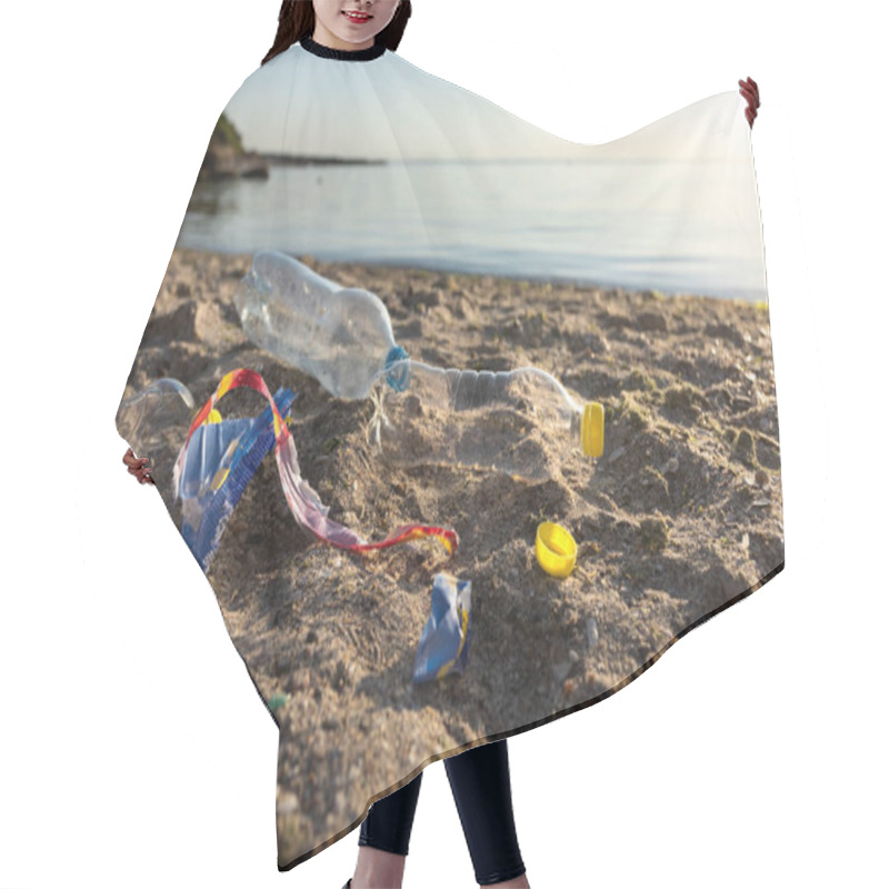 Personality  Polluted Beach With Plastic Garbage Lying On Sand Near Water Hair Cutting Cape