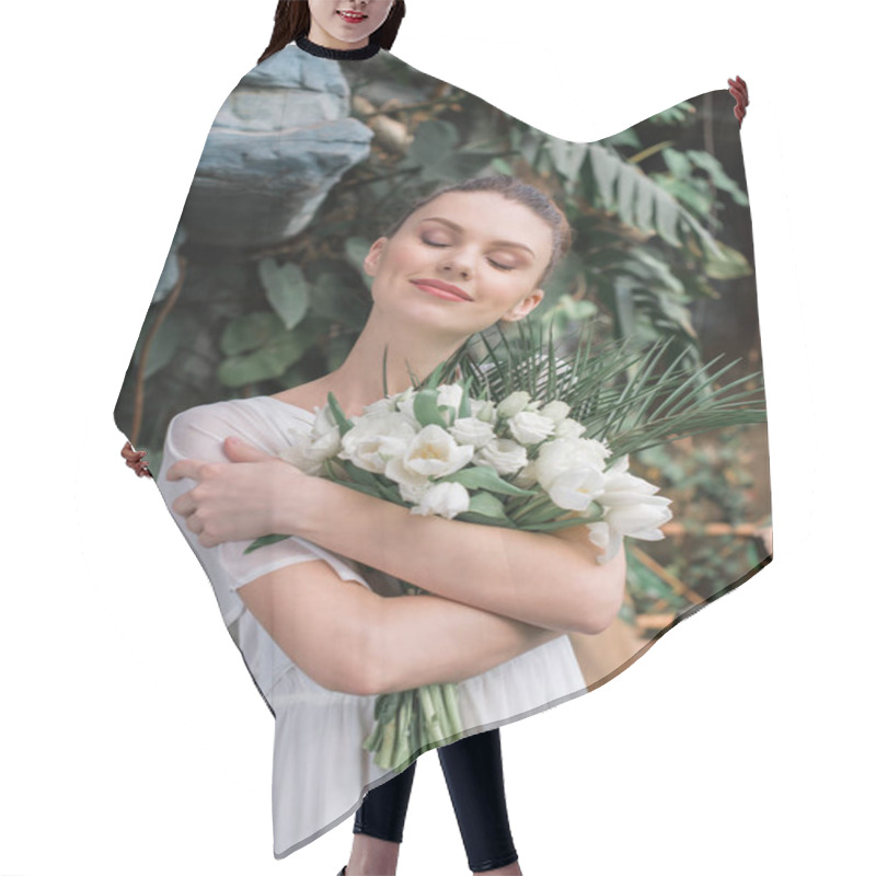 Personality  Happy Beautiful Bride Posing With Wedding Bouquet Hair Cutting Cape