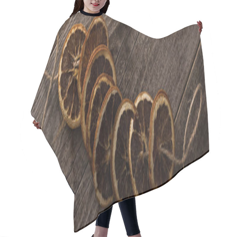 Personality  Top View Of Dried Orange Slices On Rope On Wooden Surface, Panoramic Shot Hair Cutting Cape