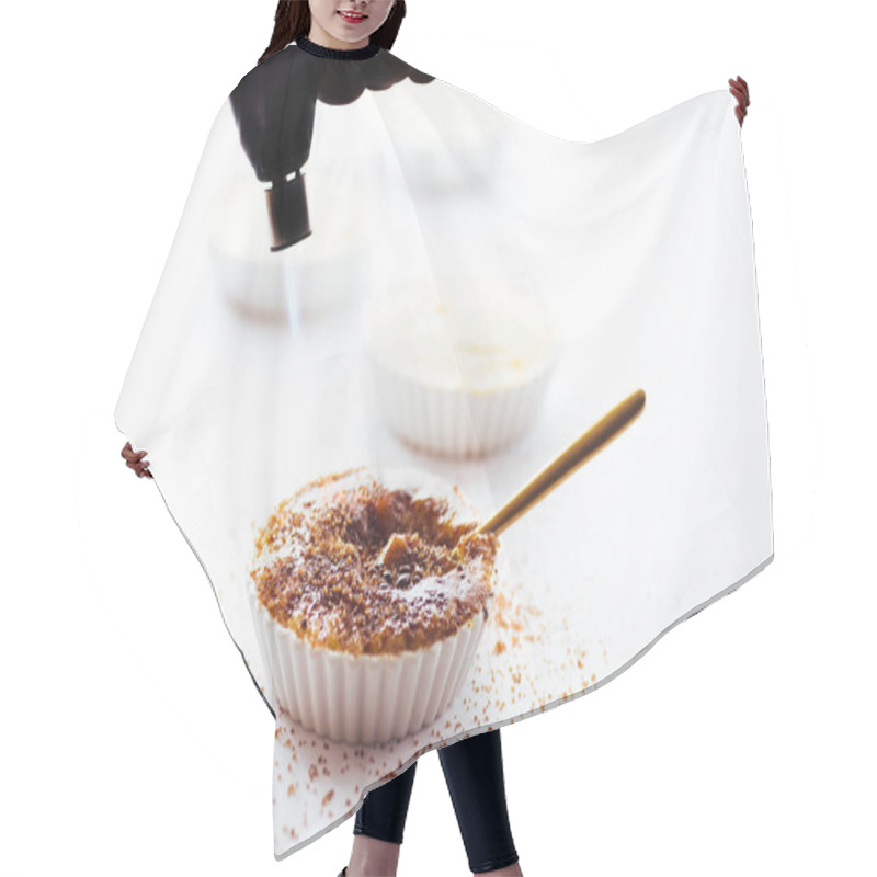 Personality  Caramelising Sugar On Top Of Creme Brulee With Flaming Torch On A White Background Hair Cutting Cape