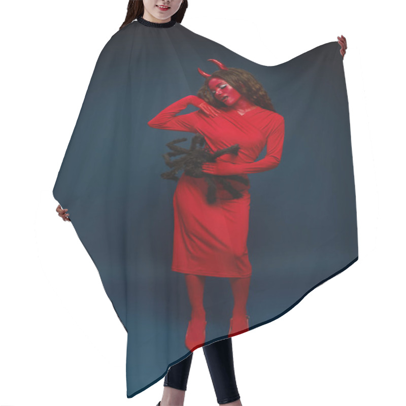 Personality  A Captivating Woman Dressed In A Striking Red Devil Outfit Showcases Her Creativity For Halloween. Hair Cutting Cape