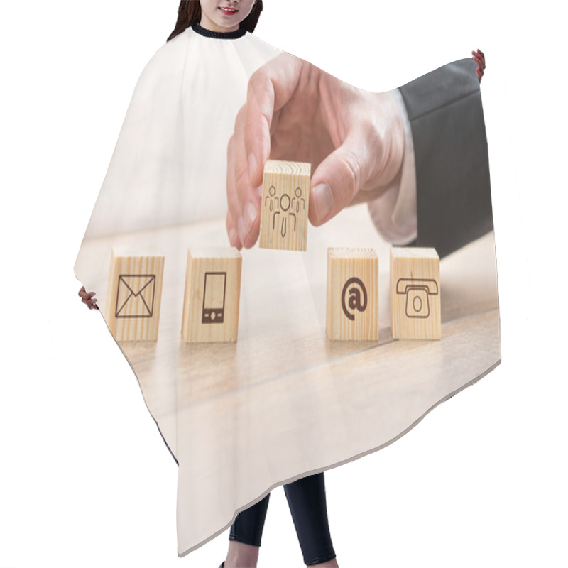 Personality  Man Arranging Wooden Cubes With Contact Symbols Hair Cutting Cape