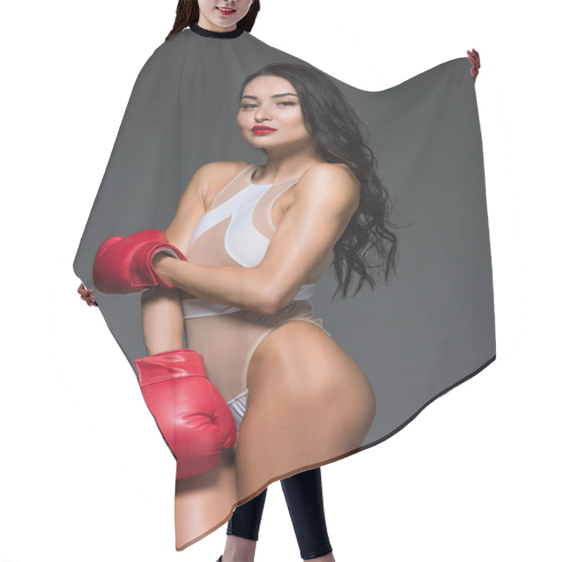 Personality  Portrait Of Sexy Sportive Woman In White Leotard And Boxing Gloves Isolated On Grey Hair Cutting Cape