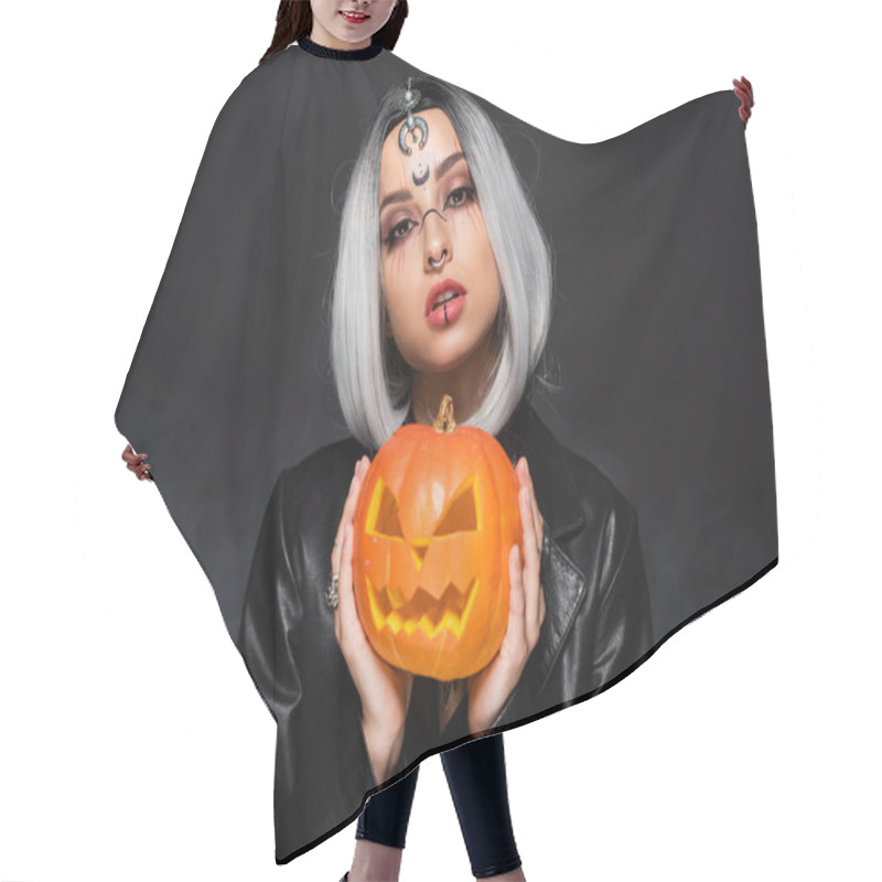 Personality  Young Ash Blonde Woman With Witch Makeup Holding Jack O Lantern On Black Background Hair Cutting Cape