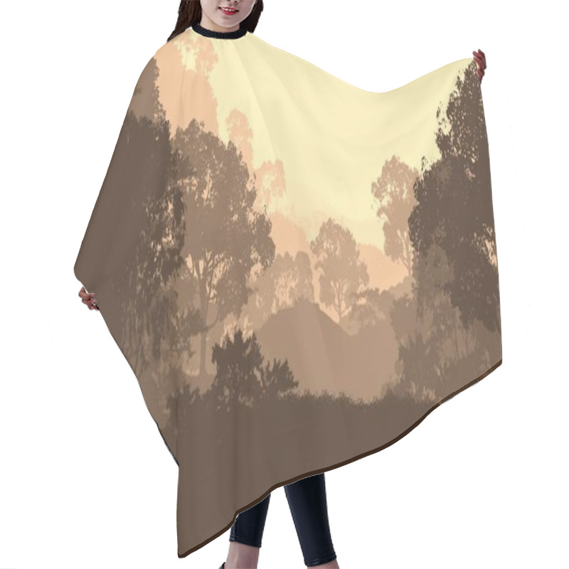 Personality  Abstract Backdrop With Misty Hills With Trees In Fog And Forest Haze. Hair Cutting Cape