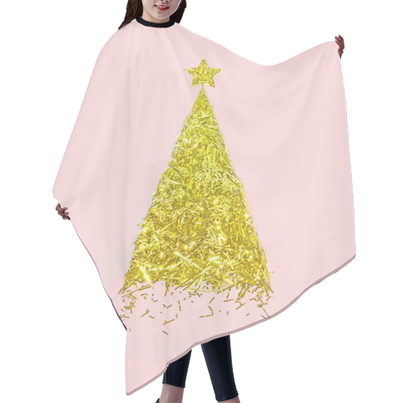 Personality  Golden Christmas Tree Made Of Confetti With Star On Pastel Pink Paper Background. Happy New Year Concept. Hair Cutting Cape