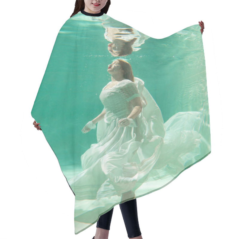 Personality  Hot Slim Caucasian Woman Posing Under Water In Beautiful Clothes Alone In The Deep Hair Cutting Cape