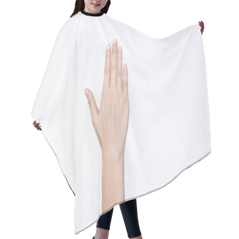 Personality  Female Beautiful Talent Hand, Arm And Fingers In Good Shape Figure Show Gesture Meaning Sign Posing, Studio Lighting Isolated White Background For Advertising Body Part Hair Cutting Cape