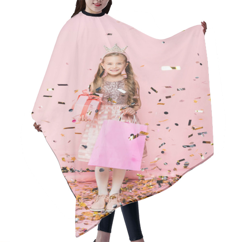 Personality  Full Length Of Happy Little Girl In Crown Holding Shopping Bag And Present Near Falling Confetti On Pink  Hair Cutting Cape