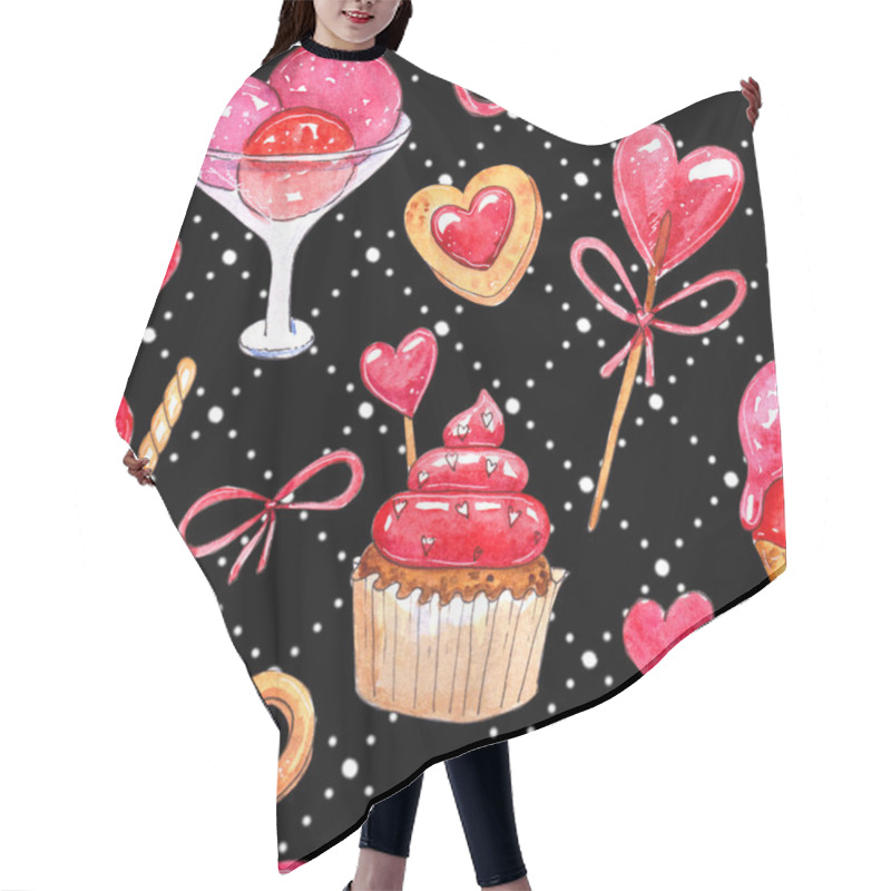 Personality  Watercolor Seamless Pattern Isolated On Dark Background, Hand Drawn Illustration With Love, Hearts, Cookies, Ice Cream Hair Cutting Cape