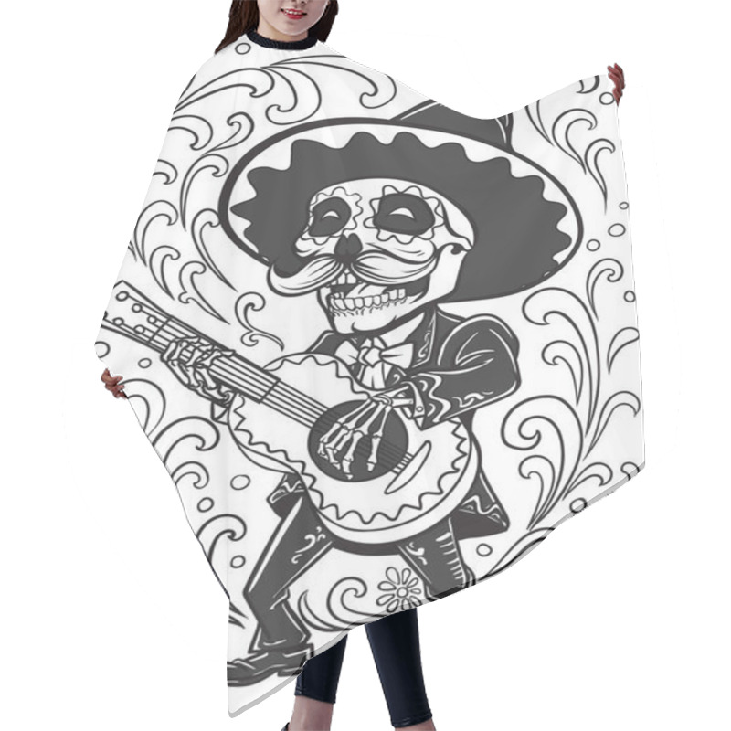 Personality  Mexican Skull Mariachi Playing Guitar Vector Illustration Design Hair Cutting Cape