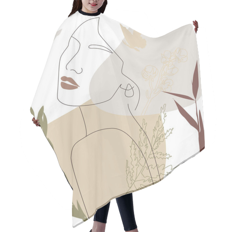 Personality  Drawing Of A Woman's Face, Fashion Concept, Minimalism Of Female Beauty With Geometric Doodles, Abstract Floral Elements In Pastel Tones. Hair Cutting Cape