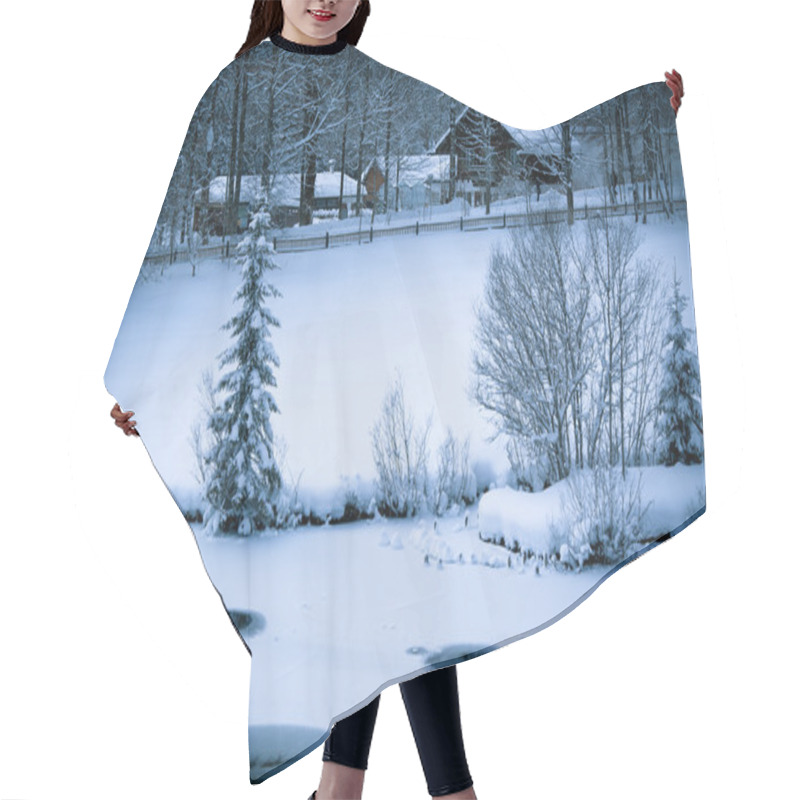 Personality  Snowy Alpine House And Frozen River In The Woods Hair Cutting Cape