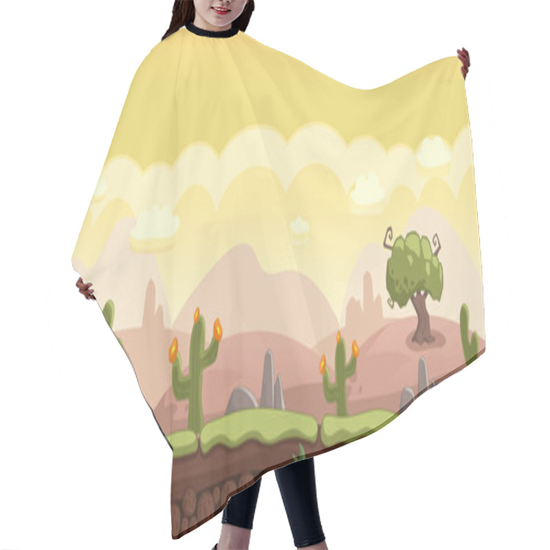 Personality  Horizontal Cartoon Background With Desert Landskape Stones, Rocks, Cacti. Vector Hair Cutting Cape