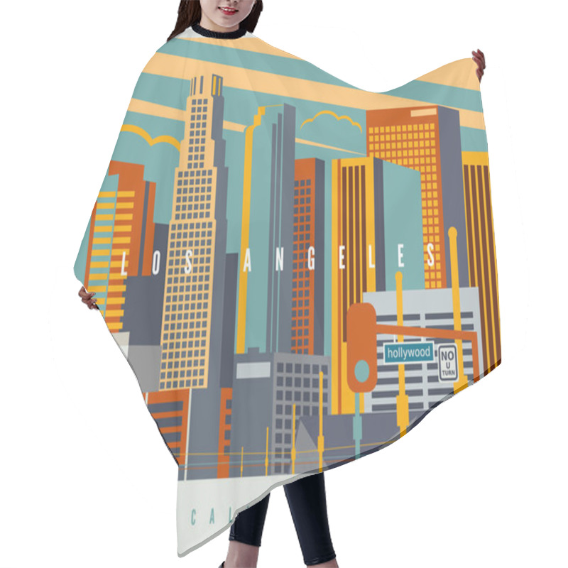 Personality  Downtown Los Angeles In Vector. Cityscape Of LA In Retro Style Colors And Stylization, Vintage Design Illustration. California, USA Hair Cutting Cape