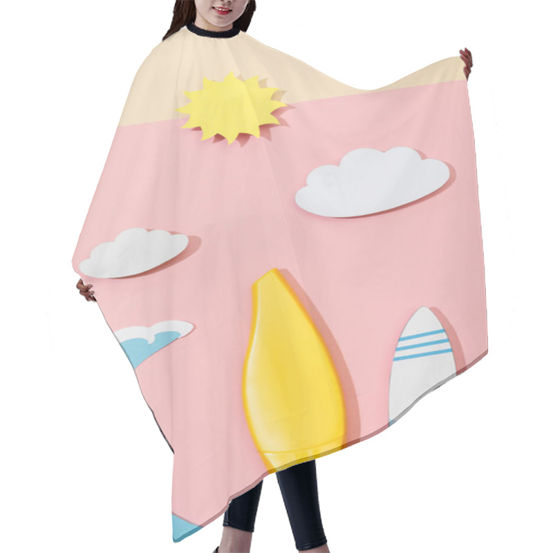 Personality  Top View Of Paper Cut Summer Beach With Tube Of Sunscreen On Pink And Beige  Hair Cutting Cape