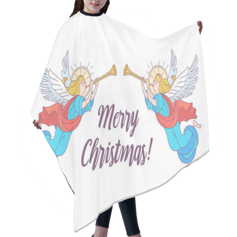 Personality  Merry Christmas. Vector Postcard, Illustration. Angels Trumpeting. Isolated On White Background. Hair Cutting Cape