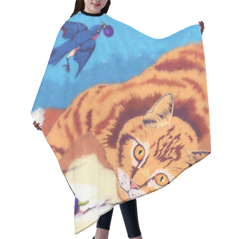 Personality  Cat And Bird Illustration Hair Cutting Cape