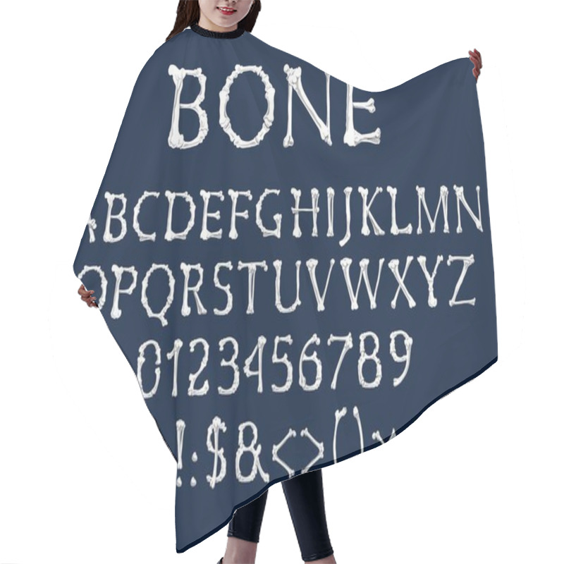 Personality  Font Of Bones, Vector Halloween And Dia De Los Muertos Holidays Design. Alphabet Type Of Human Skeleton Bones, Capital Letters, Numbers Or Digits And Punctuation Marks Of Tibia, Fibula, Ribs, Humerus Hair Cutting Cape