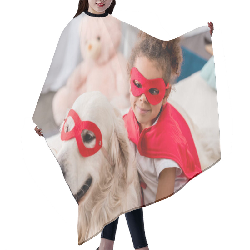 Personality  Smiling Adorable Little African American Kid With Happy Dog In Red Superhero Mask Hair Cutting Cape