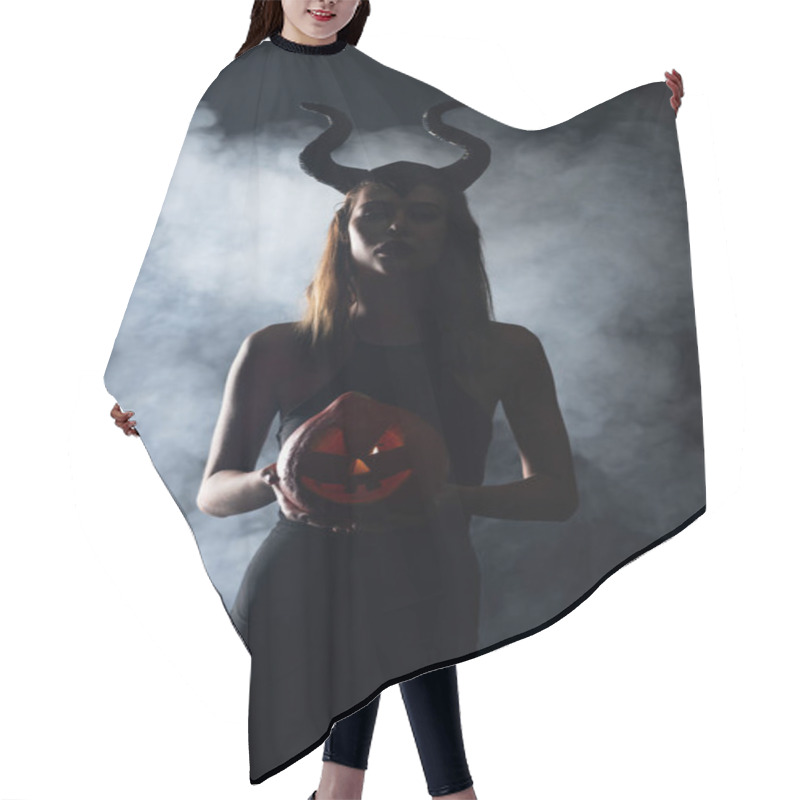 Personality  Silhouette Of Woman With Horns Holding Spooky Pumpkin On Black With Smoke  Hair Cutting Cape