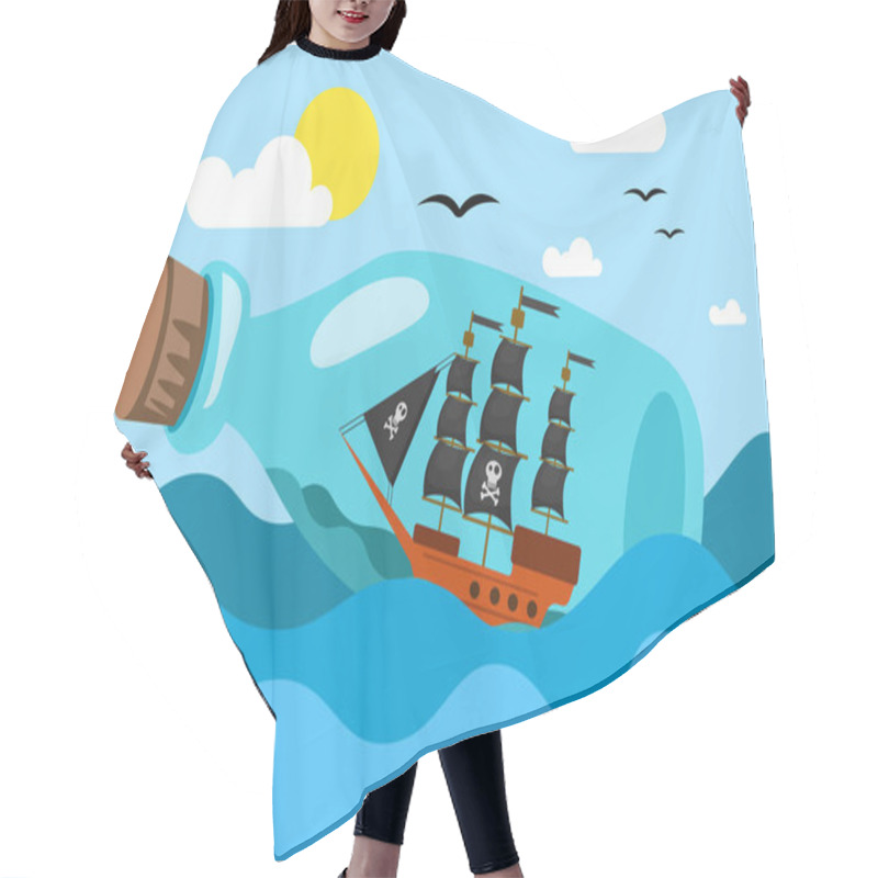 Personality  Vector Illustration Of Glass Bottle With Pirate Ship Miniature Inside Floating In Water Of Sea. Eps Vector Illustration, Horizontal Image Hair Cutting Cape