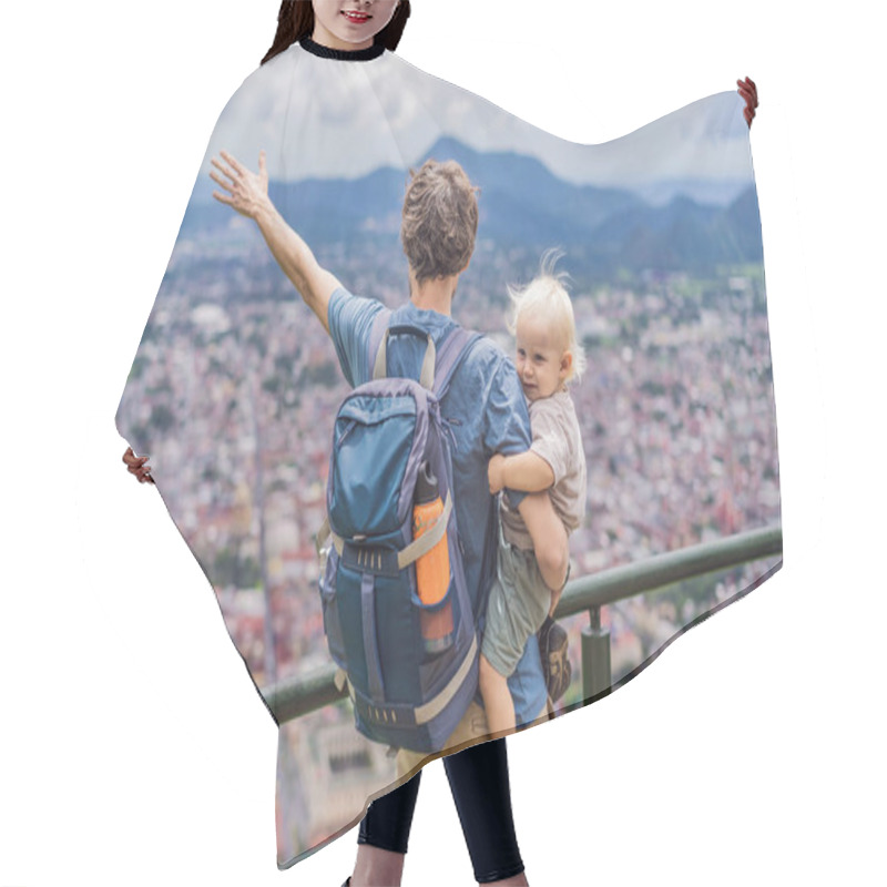 Personality  Dad And His Baby Son Tourists In Front Of The Panoramic View Of Orizaba From Cerro Del Borrego, Mexico. Travel, Scenic Landscape, And Adventure Concept. Hair Cutting Cape