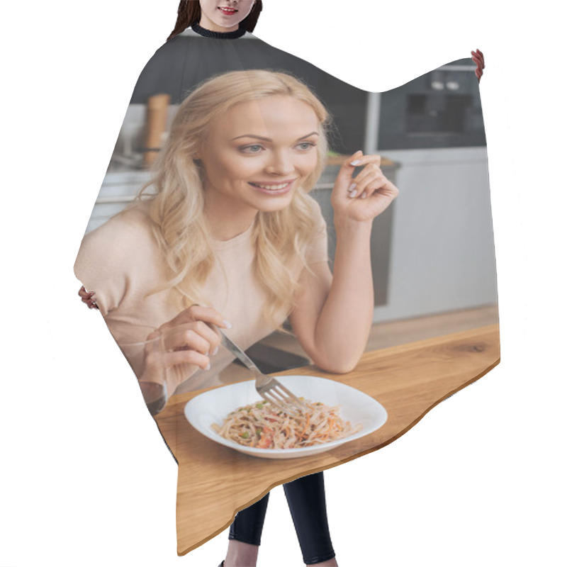 Personality  Cheerful Woman Holding Fork Near Plate With Thai Noodles And Glass Of Red Wine Hair Cutting Cape