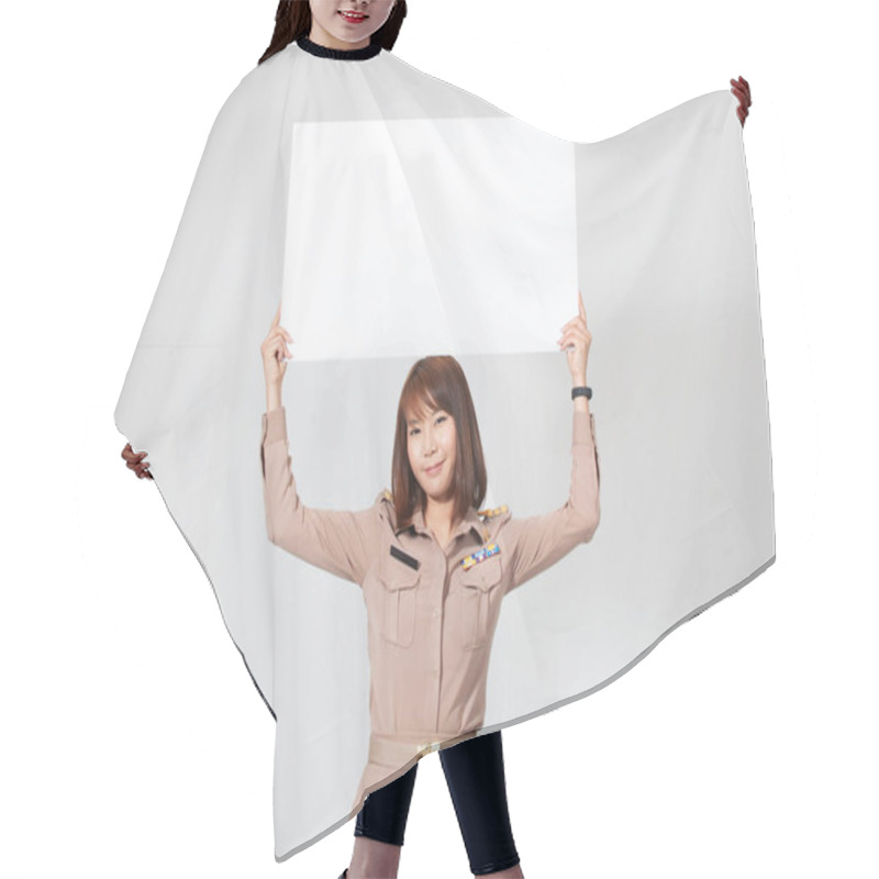 Personality  Female Thai Teacher In Uniform Standing With White Background Holding Big White Paper Over Her Head Hair Cutting Cape