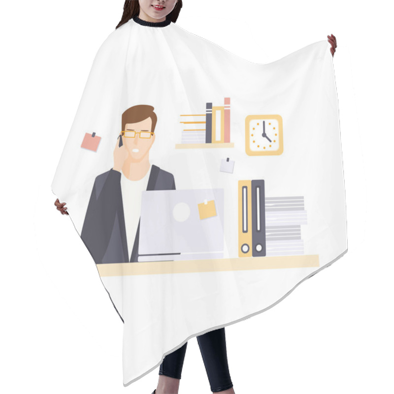 Personality  Busy Man Office Worker In Office Cubicle Having His Daily Routine Situation Cartoon Character Hair Cutting Cape