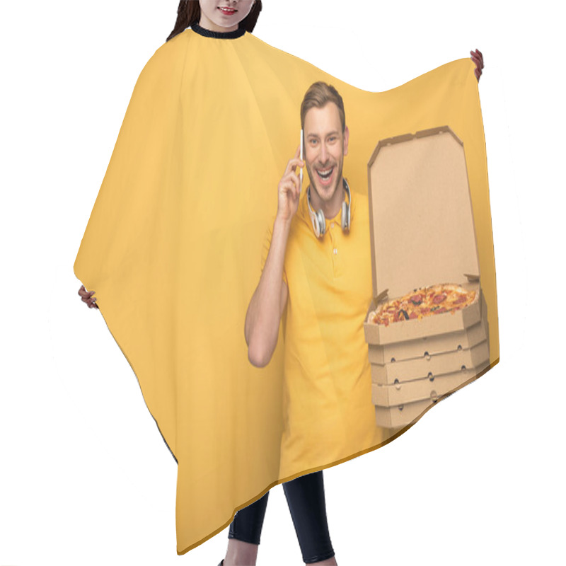 Personality  Happy Man With Headphones In Yellow Outfit Holding Pizza And Talking On Smartphone On Yellow Background Hair Cutting Cape