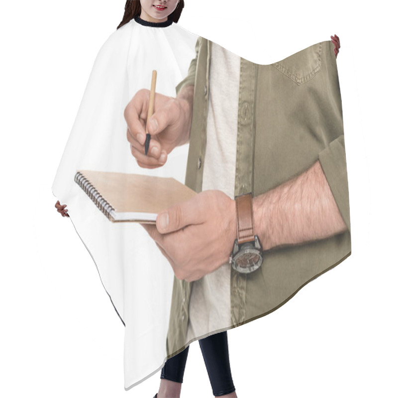 Personality  Man With Notebook And Pen In Hands Hair Cutting Cape